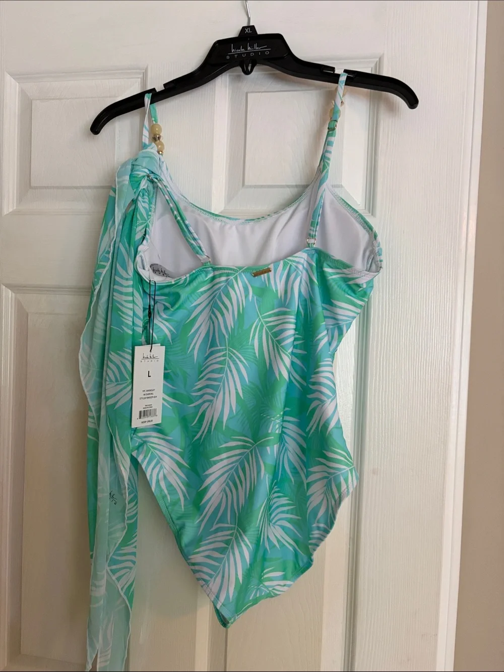 Nicole Miller Mint Green Tropical Leaf One-Piece Swimsuit with sarong size large